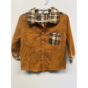 Trendy Littles Boutique Toddler Boys Rust Corduroy Plaid Button Up Shirt 18-24M